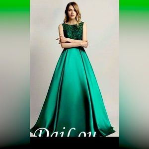 Beautiful green satin beaded a-line dress